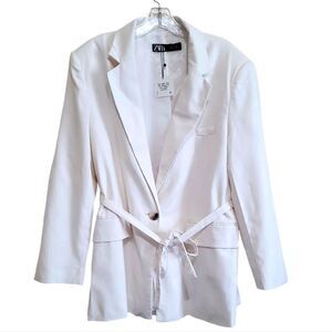 Zara Women's Cream Belted LinenBlend Blazer Jacket Sz Large NWT